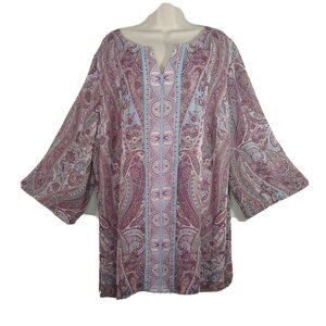 Covington Tunic Top Sheer Lined Women Size 24W 26W Purple Paisley 3/4 Sleeve NEW